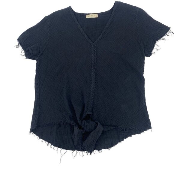 Stark X Size Small Black V-Neck Gauze Tie Front Blouse Exposed Hem - Picture 1 of 9
